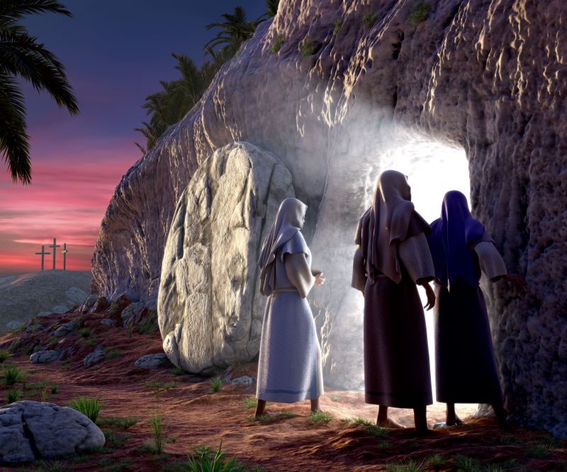Maria Madalena, Maria e Salomé foram ao túmulo de Jesus a fim de embalsamar o seu corpo, mas lá chegando perceberam que era pesada pedra que fechava o sepulcro havia sido removida 